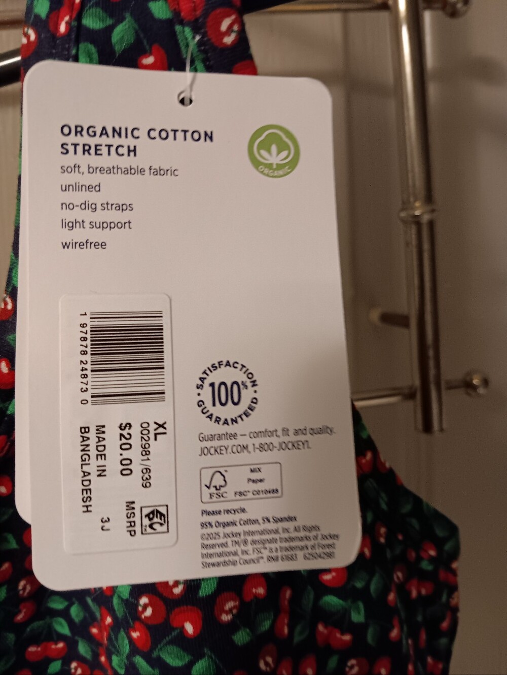 Jockey NWT organic cotton stretch cherry print sports bra, XL - Picture 8 of 10